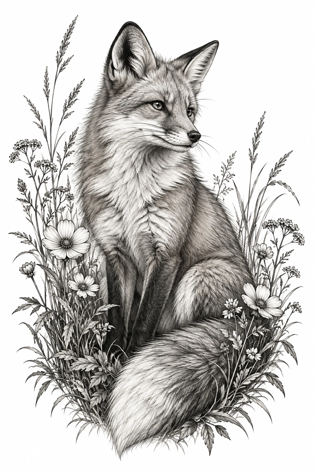 Desenho de tatuagem de Raposa entre flores silvestres, modelo NR-0897, em preto e cinza.