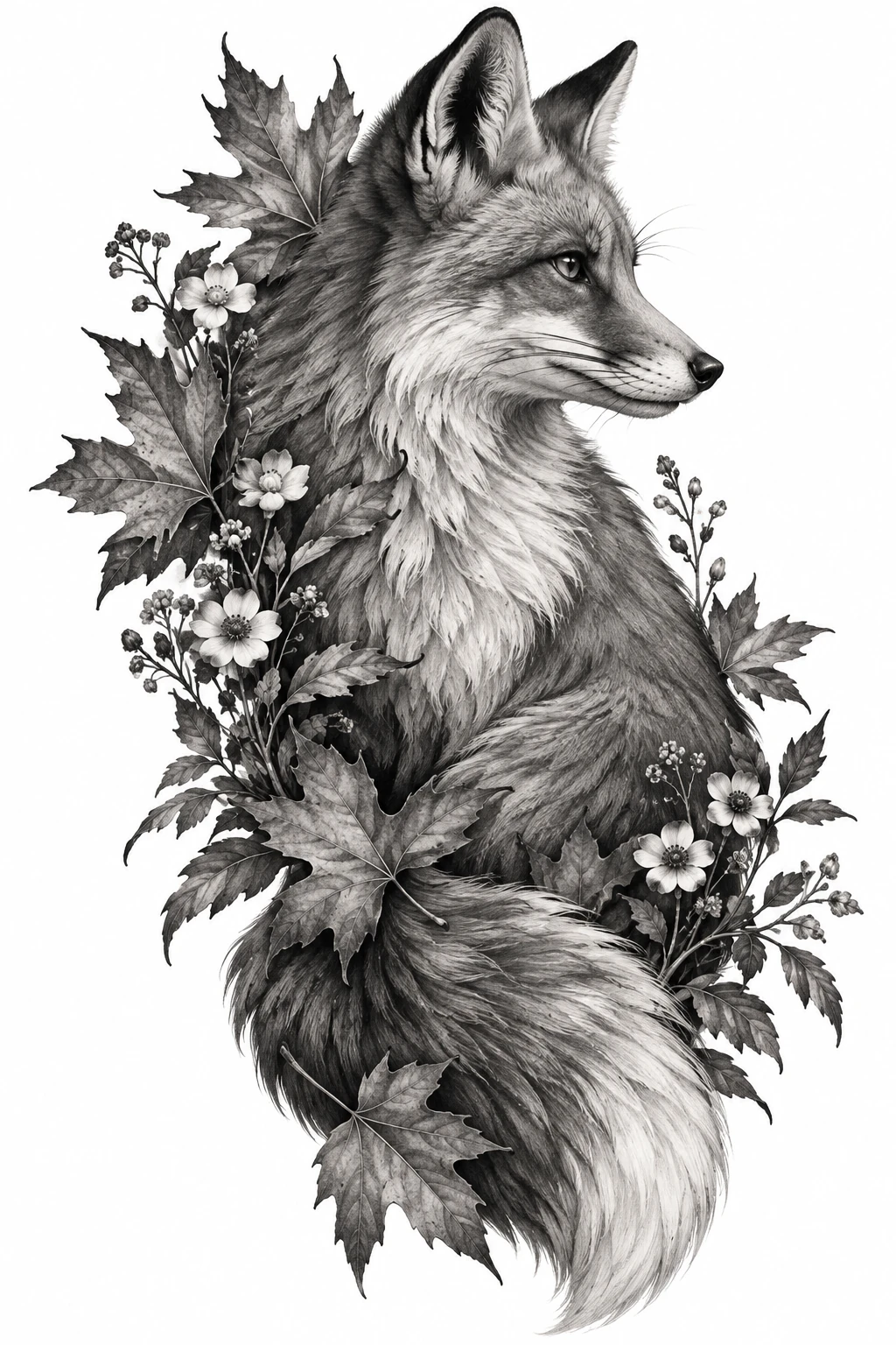 Desenho de tatuagem de Raposa entre folhas e flores silvestres, modelo NR-0898, em preto e cinza.