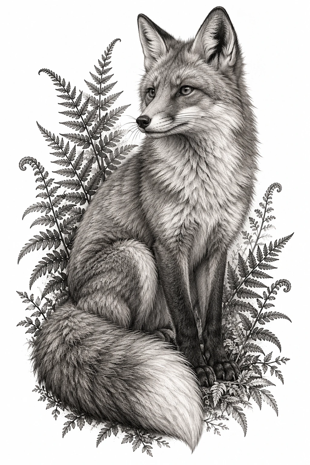 Desenho de tatuagem de Raposa entre samambaias em preto e cinza, modelo NR-0899, em preto e cinza.