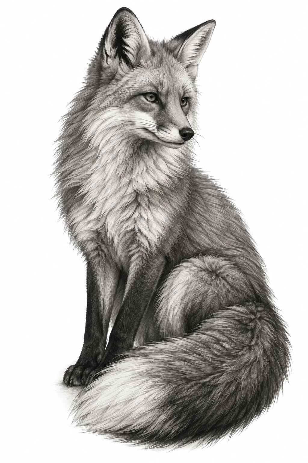 Desenho de tatuagem de Raposa realista com cauda curva, modelo NR-0900, em preto e cinza.