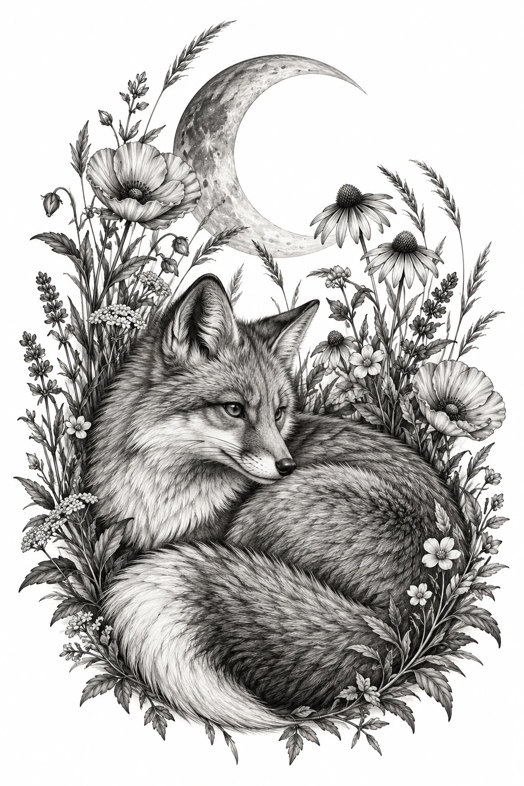 Desenho de tatuagem de Raposa sob a lua crescente, modelo NR-0902, em preto e cinza.
