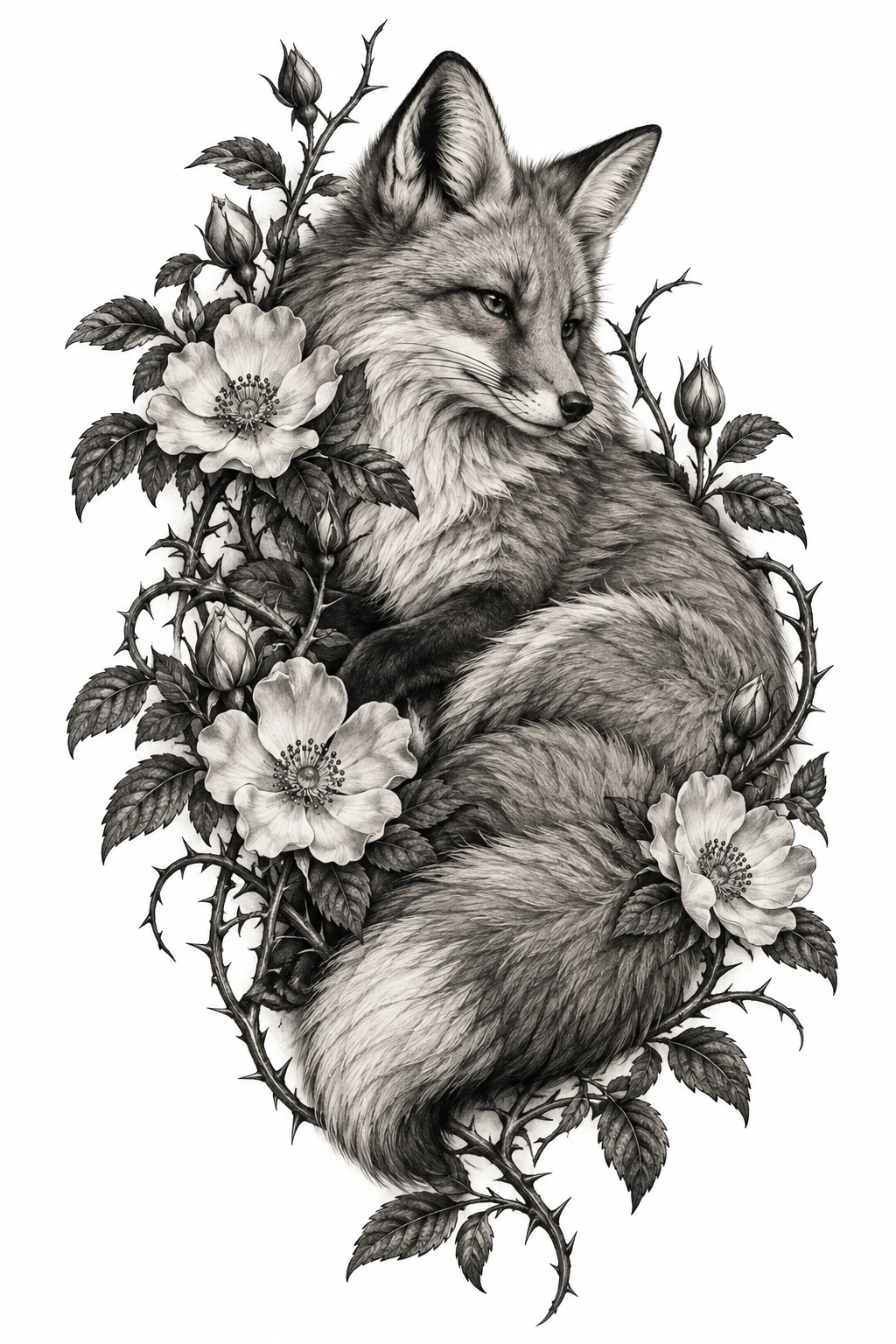 Desenho de tatuagem de Raposa vermelha entre rosas e espinhos, modelo NR-0903, em preto e cinza.