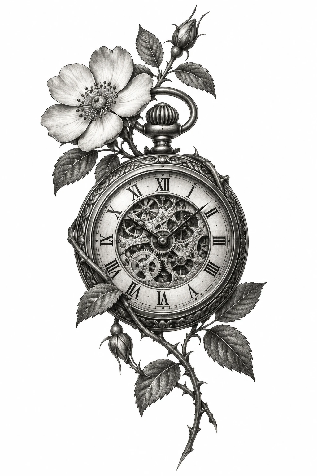 Desenho de tatuagem de Relógio antigo com engrenagens e rosa, modelo NR-0904, em preto e cinza.