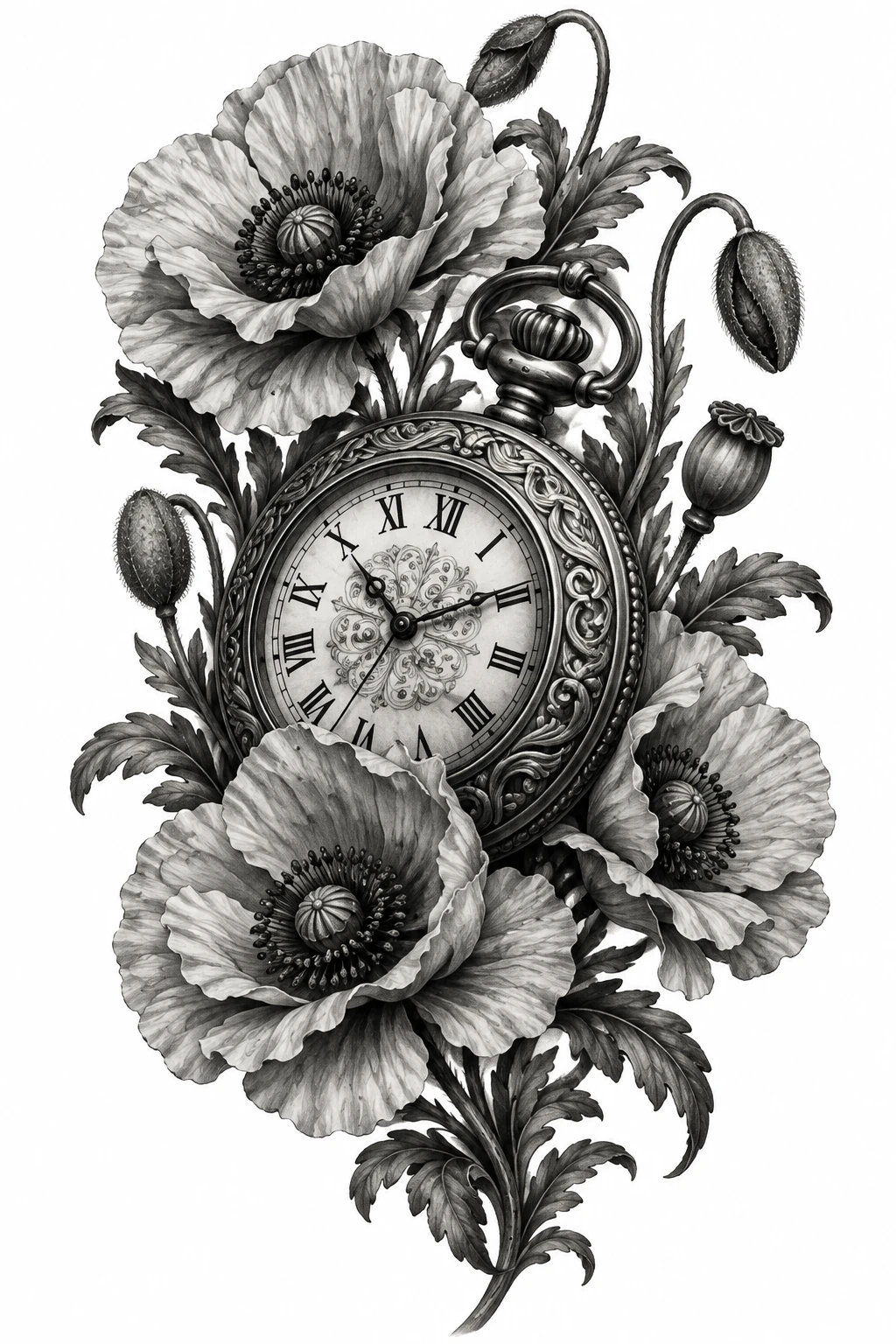 Desenho de tatuagem de Relógio antigo entre papoulas, modelo NR-0905, em preto e cinza.