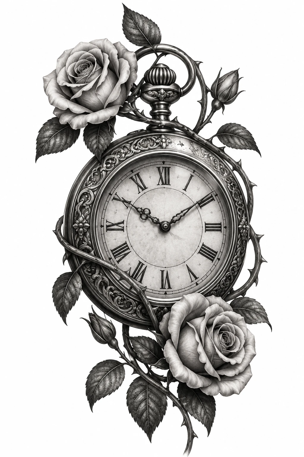 Desenho de tatuagem de Relógio antigo entre rosas delicadas, modelo NR-0906, em preto e cinza.