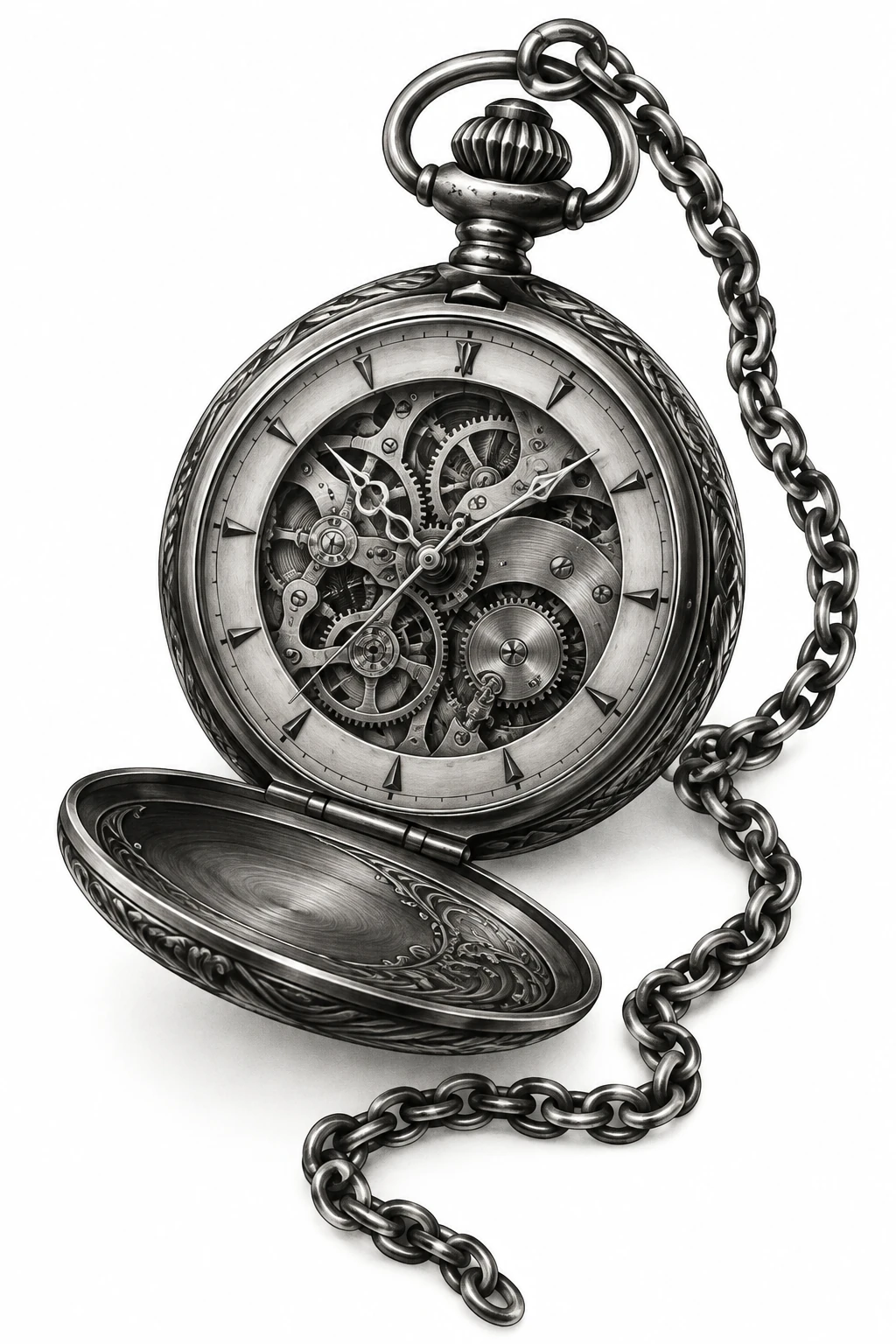 Desenho de tatuagem de Relógio de bolso aberto com engrenagens(1), modelo NR-0907, em preto e cinza.