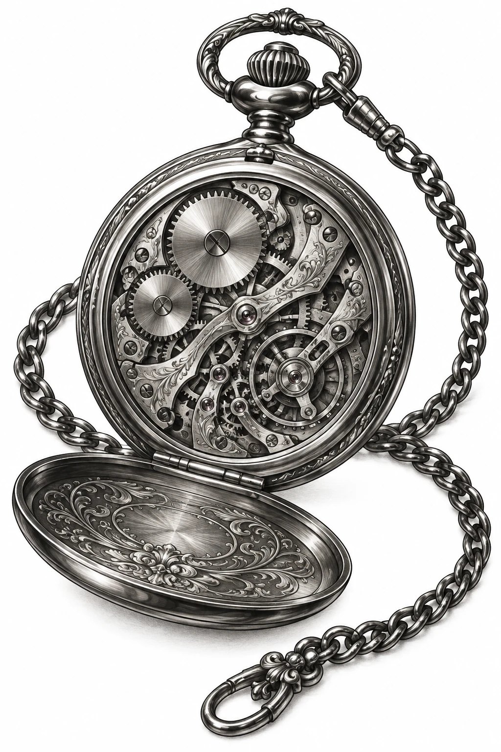 Desenho de tatuagem de Relógio de bolso aberto com engrenagens, modelo NR-0908, em preto e cinza.