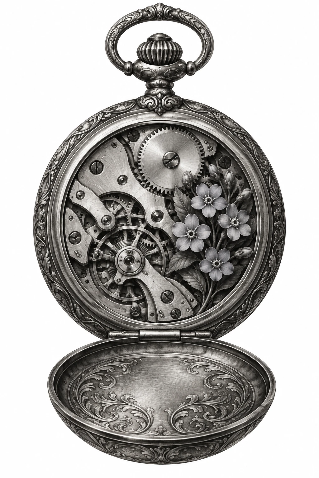 Desenho de tatuagem de Relógio de bolso aberto com miosótis, modelo NR-0909, em preto e cinza.