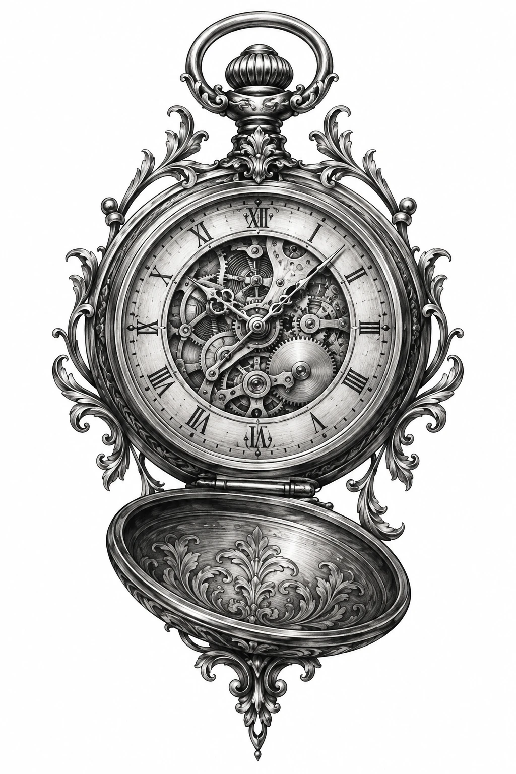 Desenho de tatuagem de Relógio de bolso aberto, engrenagens e filigranas, modelo NR-0910, em preto e cinza.