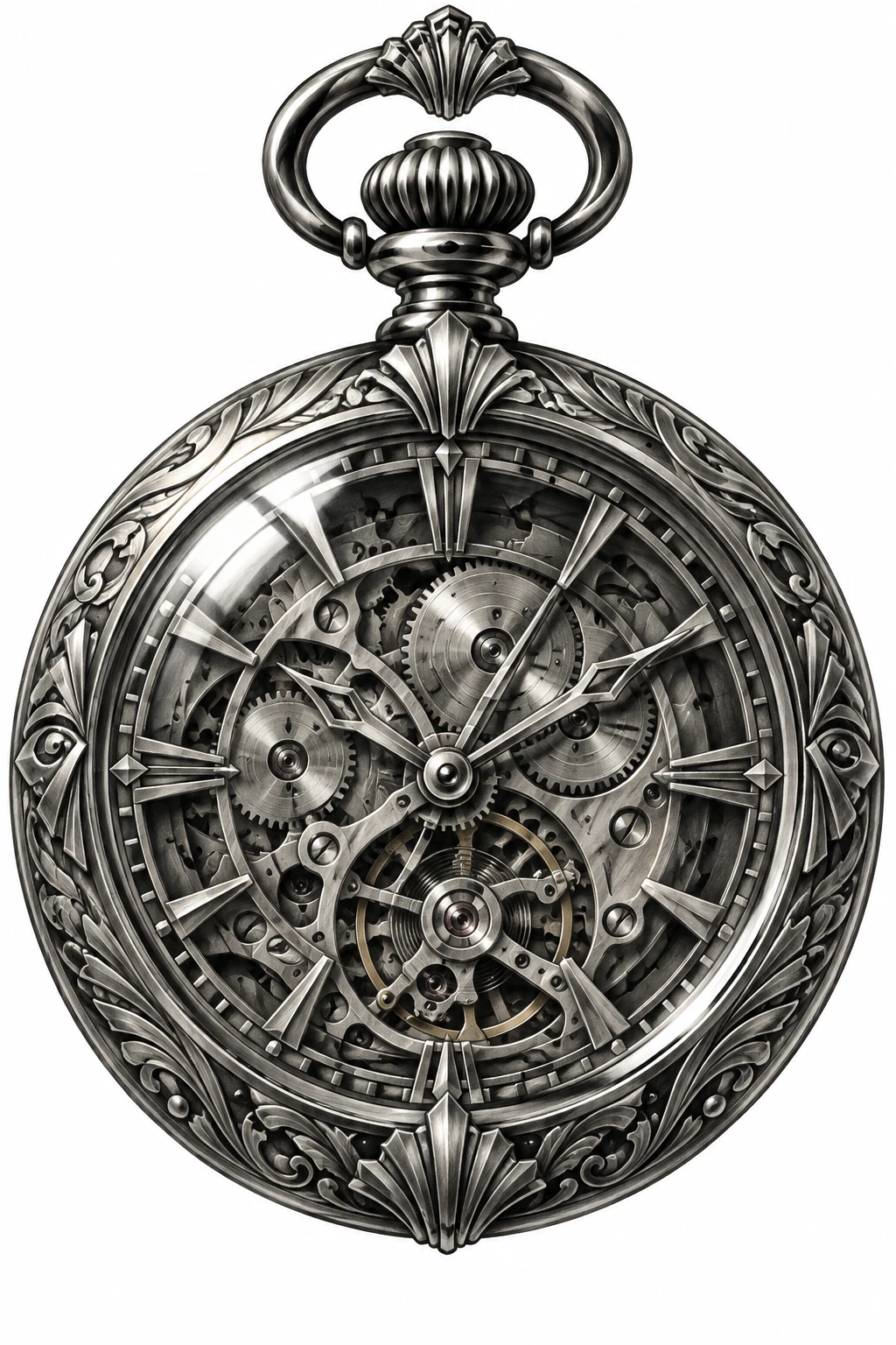 Desenho de tatuagem de Relógio de bolso art déco com engrenagens, modelo NR-0911, em preto e cinza.