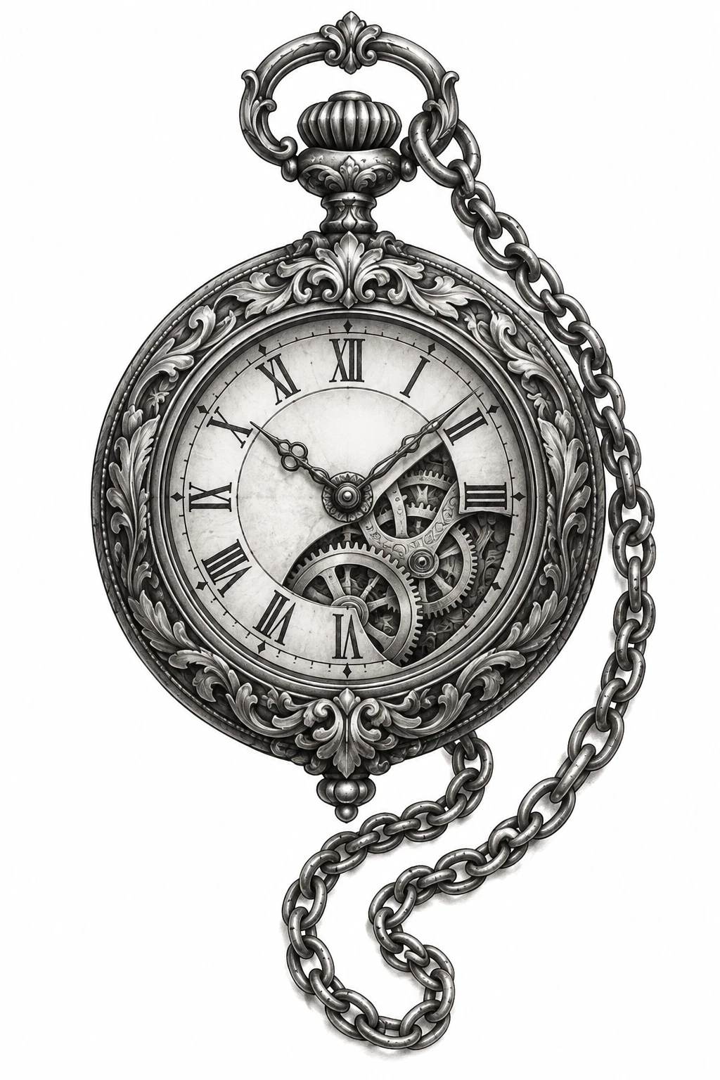 Desenho de tatuagem de Relógio de bolso com engrenagens e corrente, modelo NR-0912, em preto e cinza.