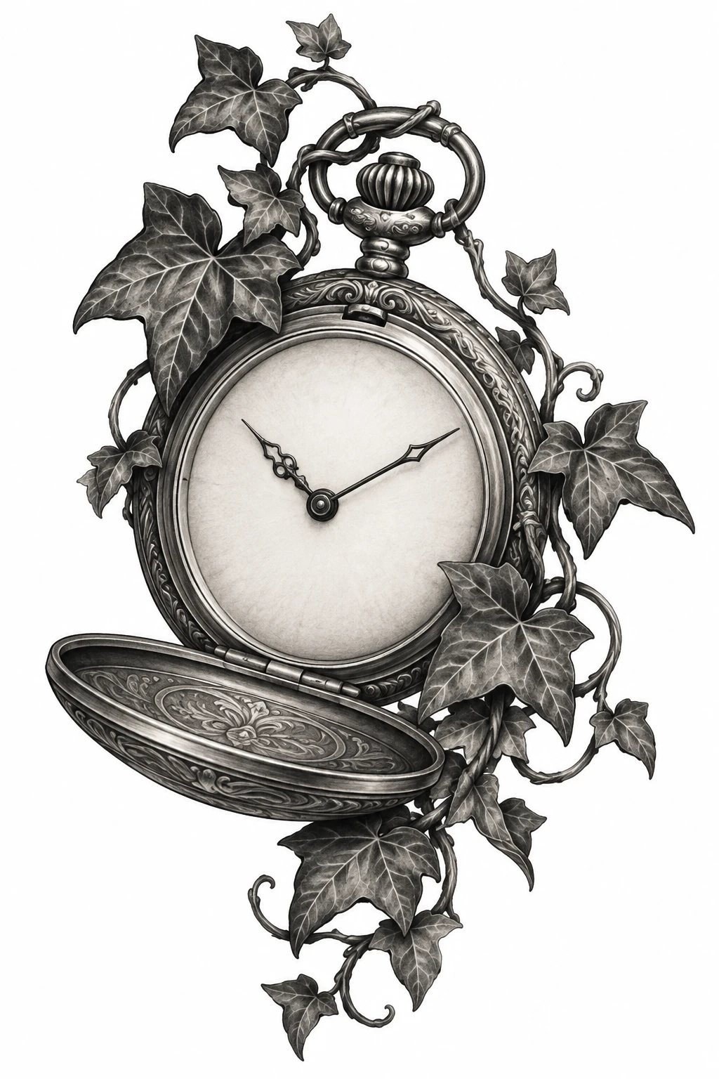 Desenho de tatuagem de Relógio de bolso entre heras, modelo NR-0913, em preto e cinza.