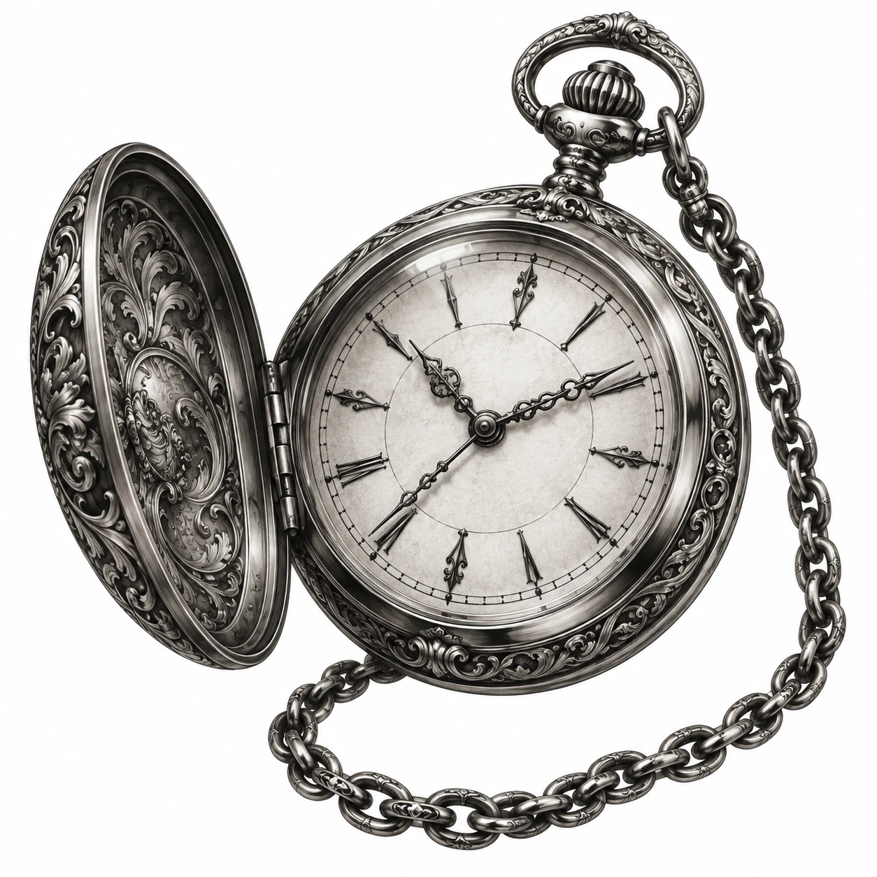 Desenho de tatuagem de Relógio de bolso ornamentado, modelo NR-0914, em preto e cinza.