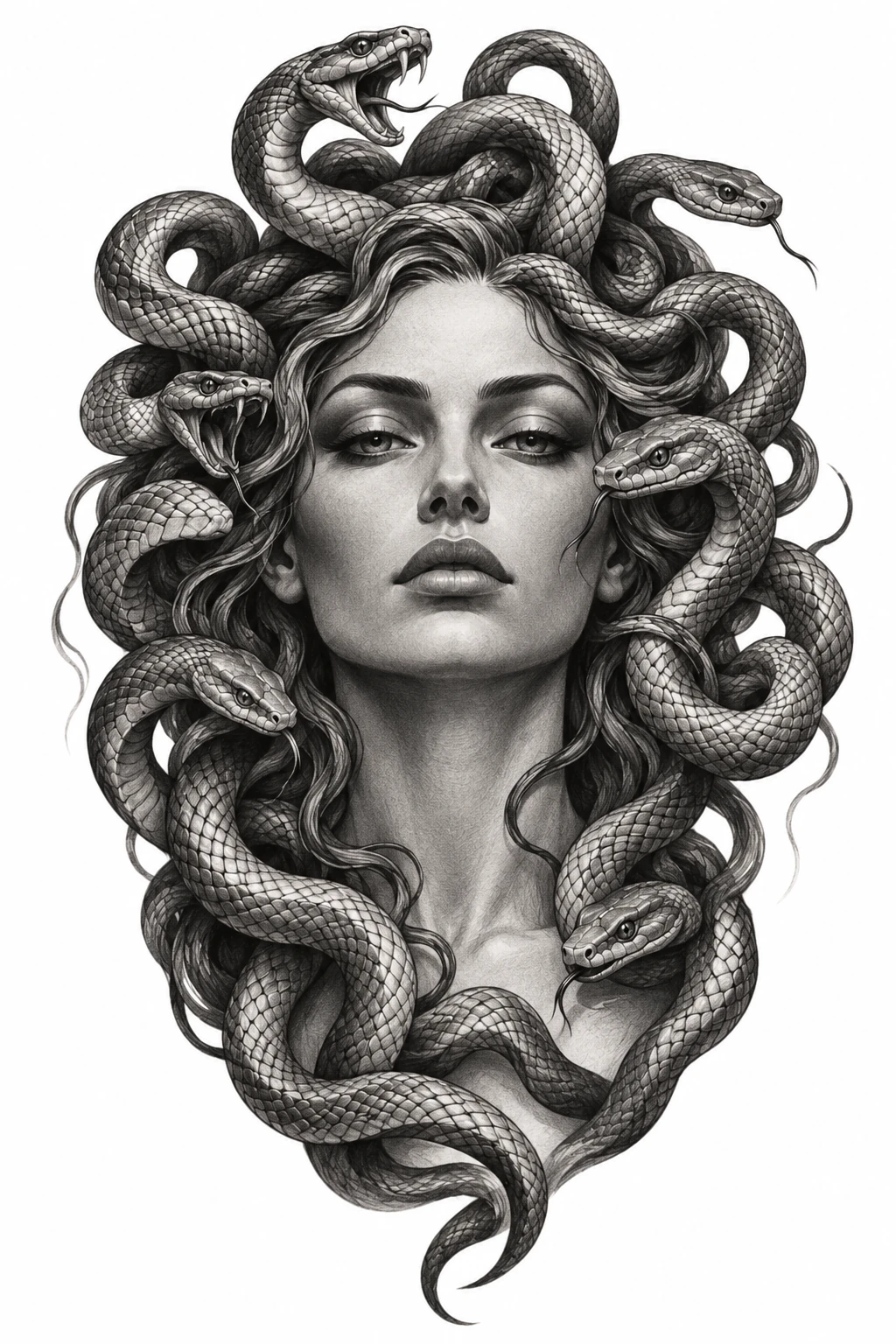 Desenho de tatuagem de Retrato de Medusa com serpentes, modelo NR-0915, em preto e cinza.