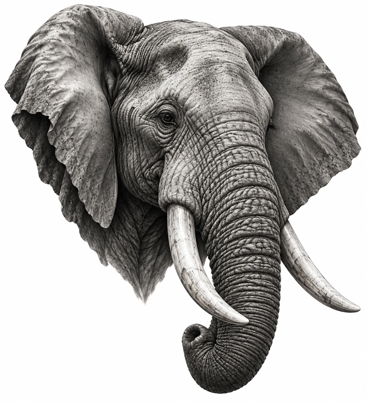 Desenho de tatuagem de Retrato realista de elefante africano, modelo NR-0917, em preto e cinza.
