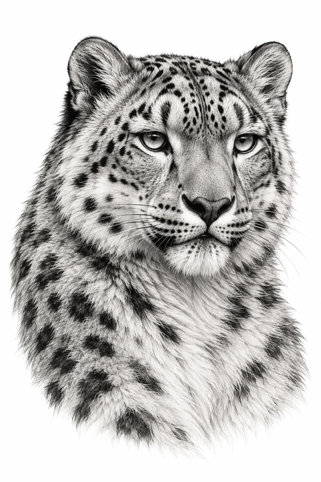 Desenho de tatuagem de Retrato realista de leopardo-das-neves, modelo NR-0918, em preto e cinza.