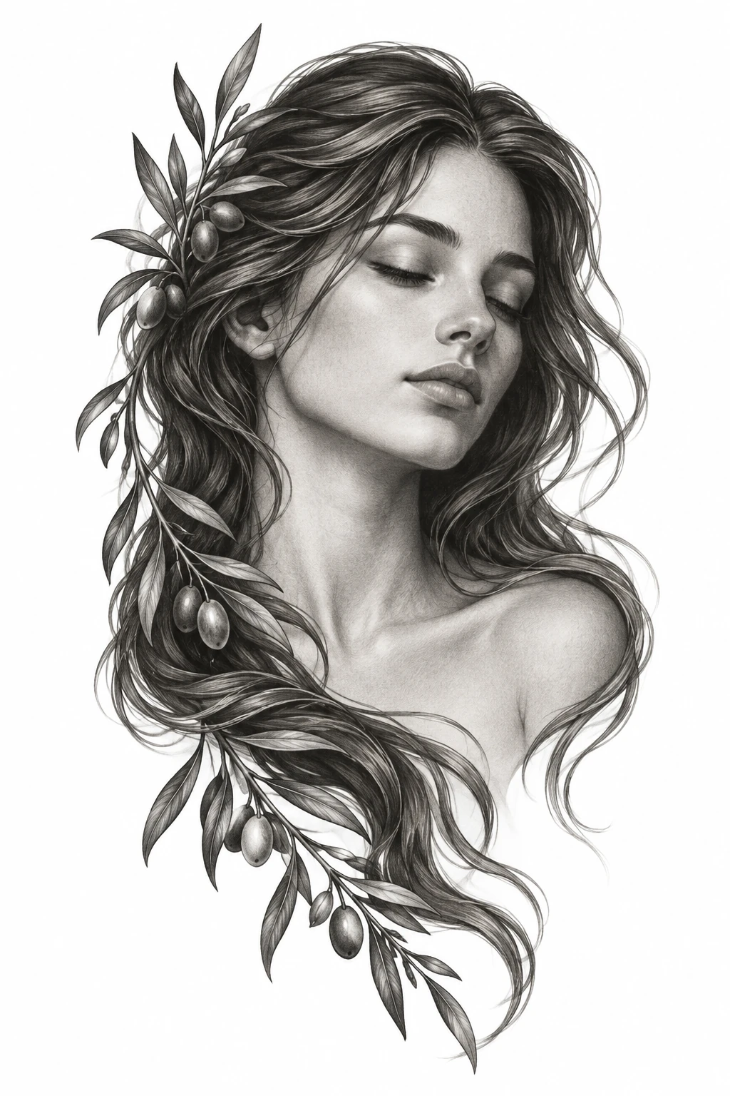 Desenho de tatuagem de Retrato sereno com ramos de oliveira, modelo NR-0919, em preto e cinza.