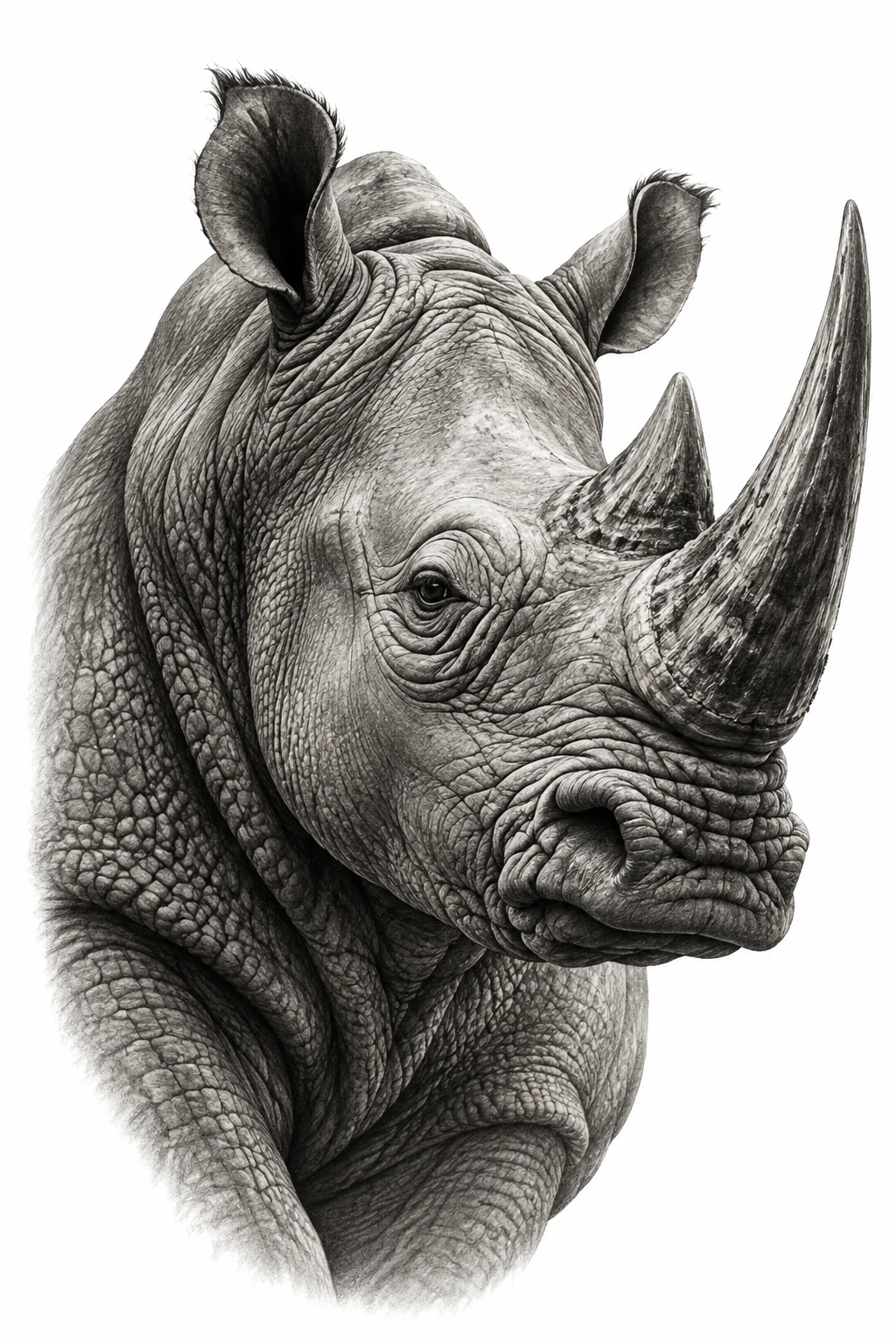 Desenho de tatuagem de Retrato sereno de rinoceronte, modelo NR-0920, em preto e cinza.