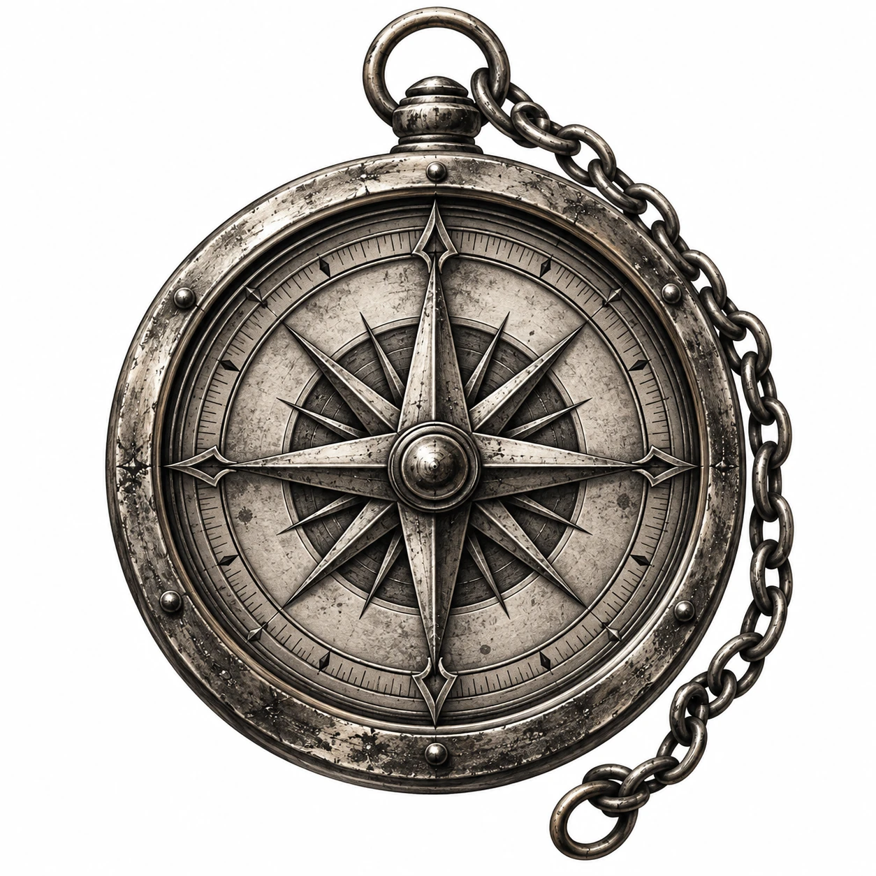 Desenho de tatuagem de Rosa dos ventos de latão envelhecido, modelo NR-0921, em preto e cinza.