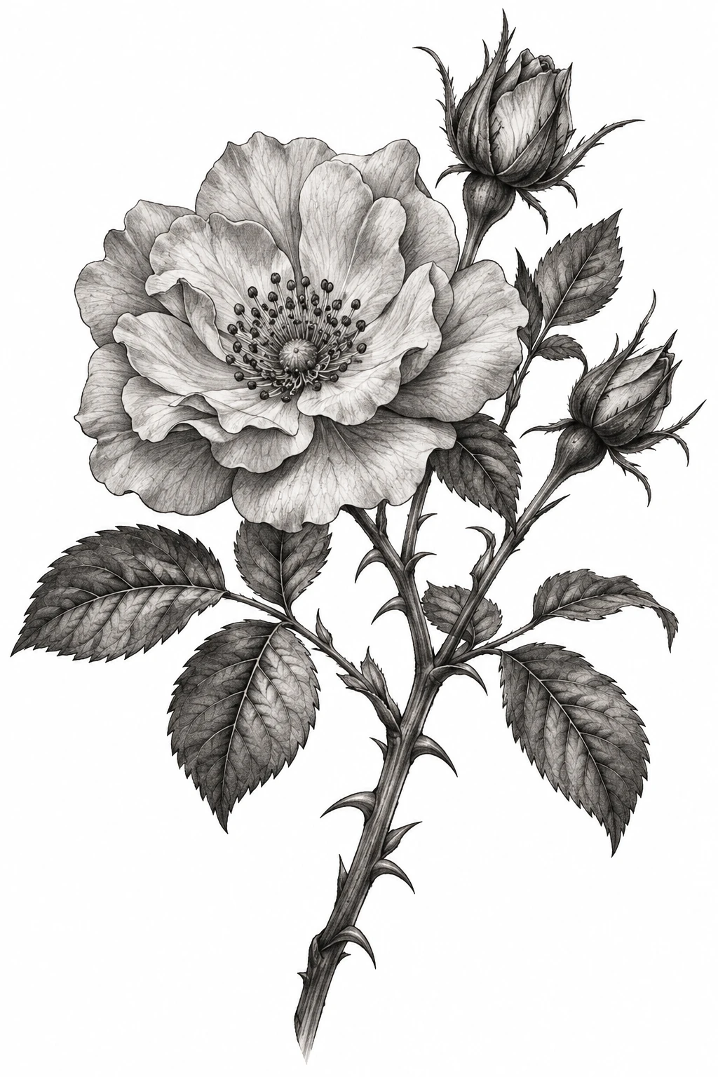 Desenho de tatuagem de Rosa selvagem em preto e cinza, modelo NR-0922, em preto e cinza.