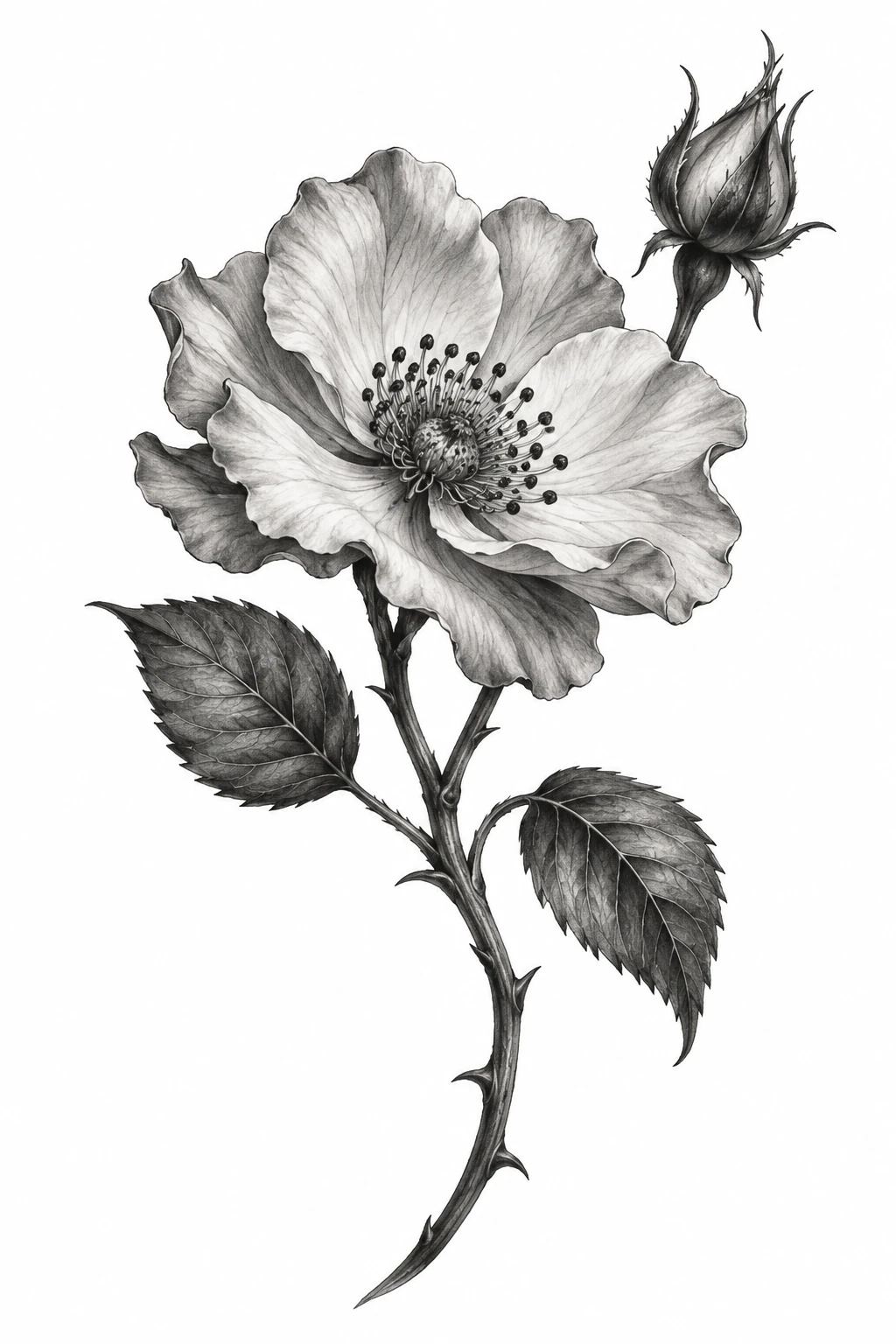 Desenho de tatuagem de Rosa silvestre em preto e cinza, modelo NR-0923, em preto e cinza.