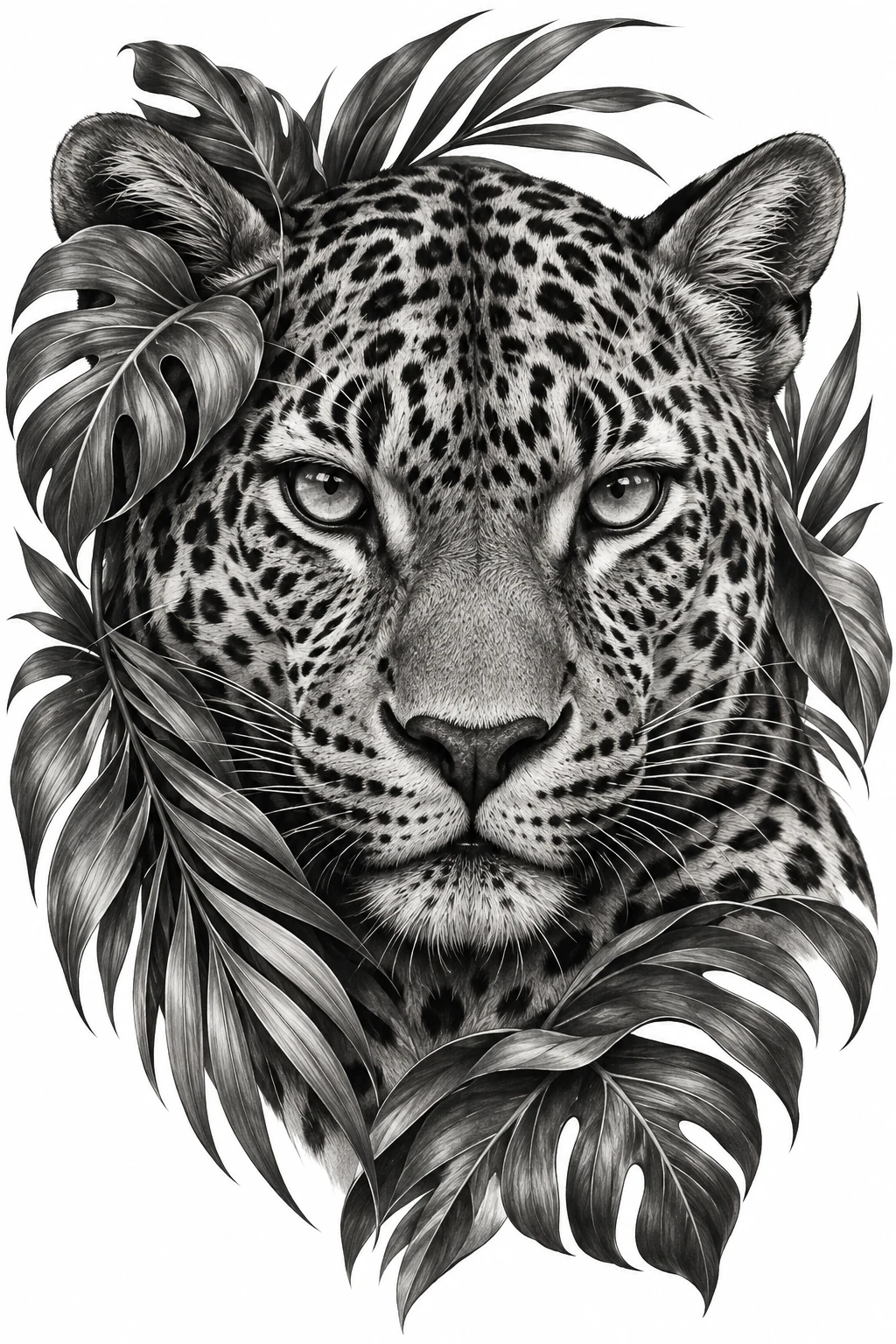 Desenho de tatuagem de Rosto de leopardo com folhas tropicais, modelo NR-0924, em preto e cinza.