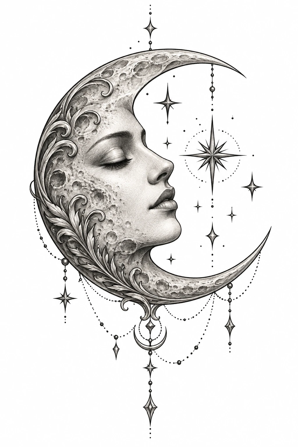 Desenho de tatuagem de Rosto sereno na lua crescente, modelo NR-0925, em preto e cinza.