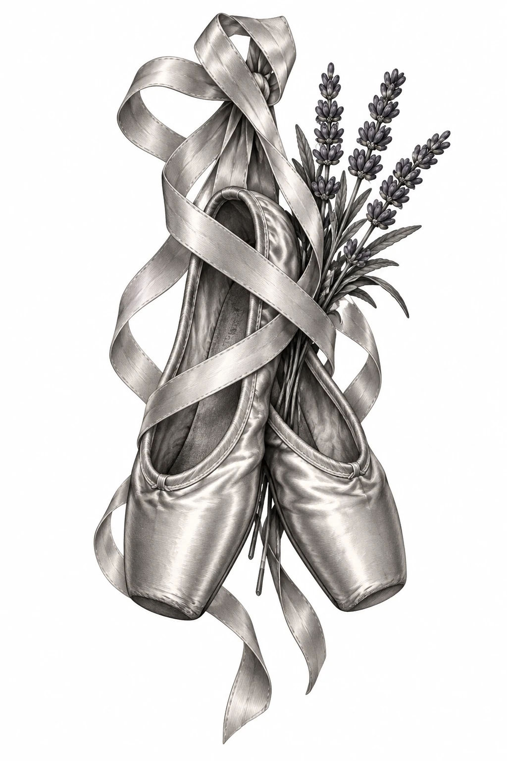 Desenho de tatuagem de Sapatilhas de ponta com lavanda, modelo NR-0928, em preto e cinza.