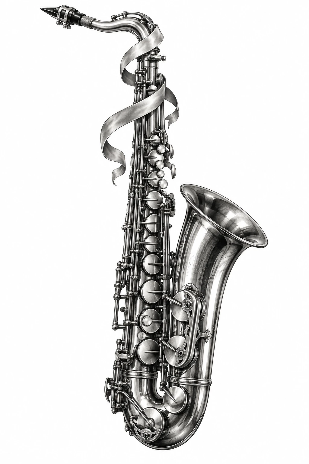 Desenho de tatuagem de Saxofone tenor vintage com fita, modelo NR-0930, em preto e cinza.