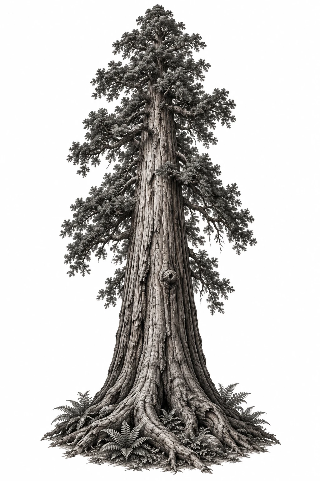 Desenho de tatuagem de Sequoia realista com raízes expostas, modelo NR-0931, em preto e cinza.
