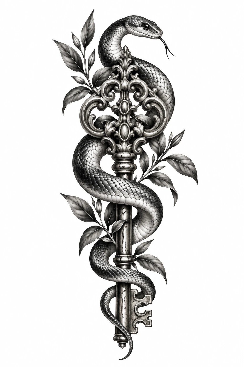 Desenho de tatuagem de Serpente e chave antiga ornamentada, modelo NR-0932, em preto e cinza.