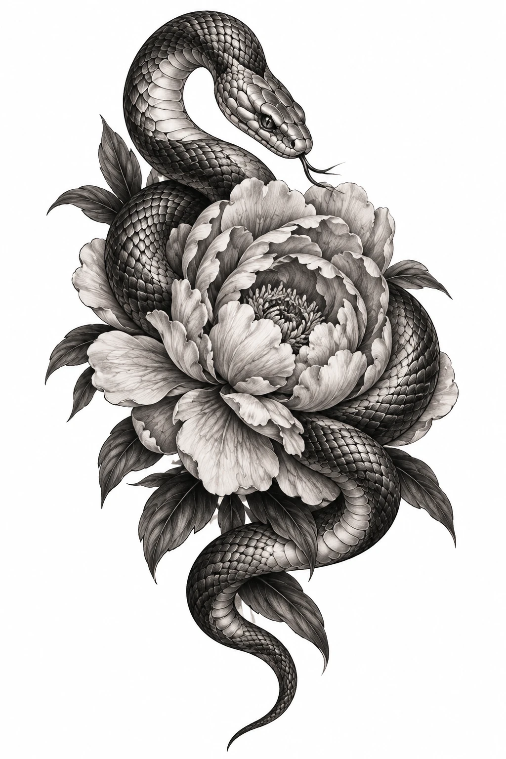 Desenho de tatuagem de Serpente e peônia em harmonia, modelo NR-0933, em preto e cinza.