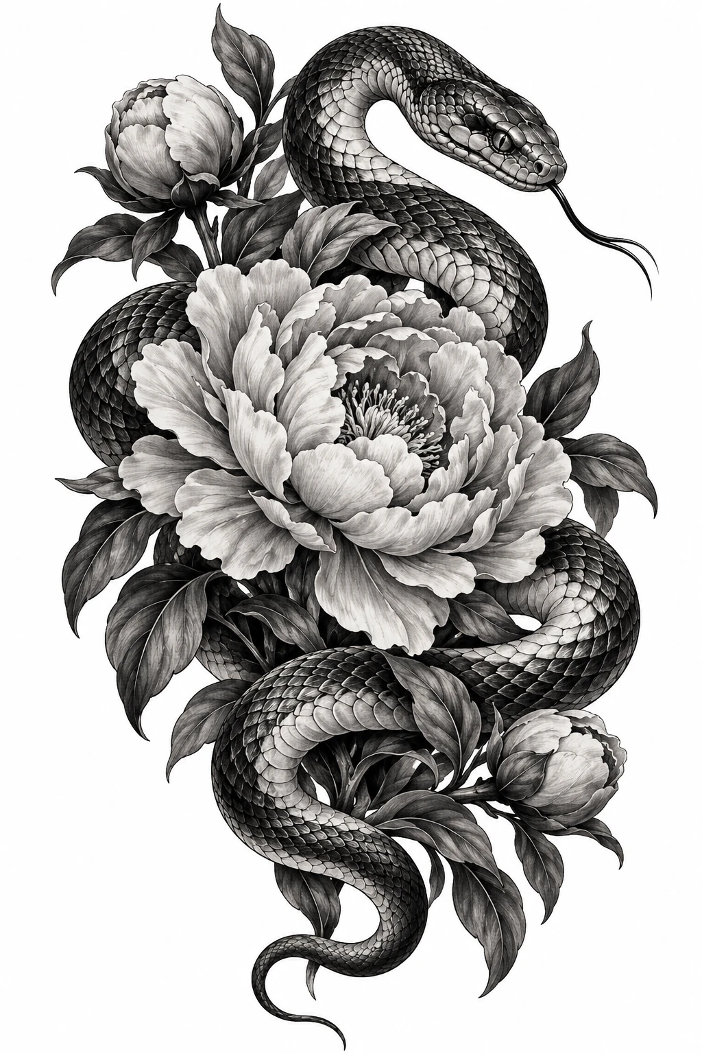 Desenho de tatuagem de Serpente e peônia em preto e cinza, modelo NR-0934, em preto e cinza.