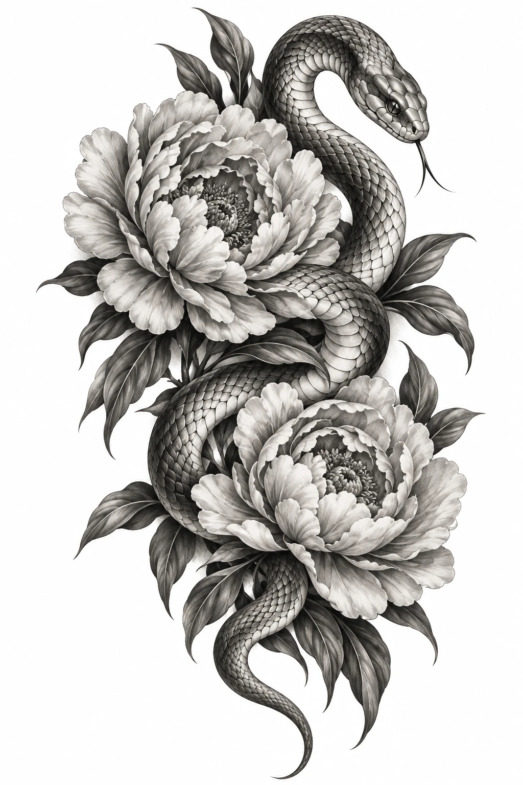 Desenho de tatuagem de Serpente elegante entre peônias e folhas, modelo NR-0935, em preto e cinza.