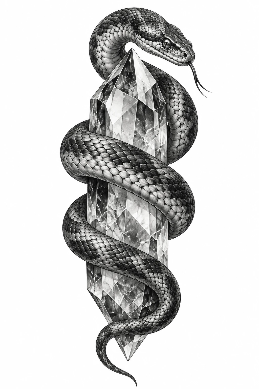 Desenho de tatuagem de Serpente enrolada em cristal lapidado, modelo NR-0936, em preto e cinza.