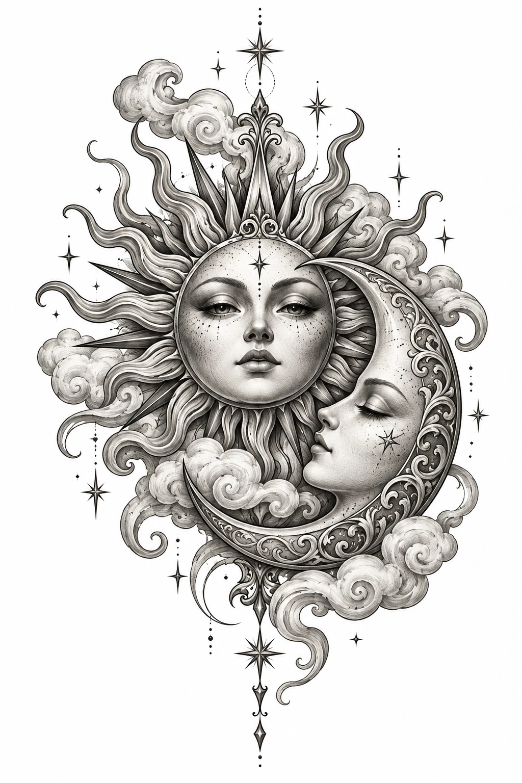 Desenho de tatuagem de Sol e lua entre nuvens e estrelas, modelo NR-0939, em preto e cinza.