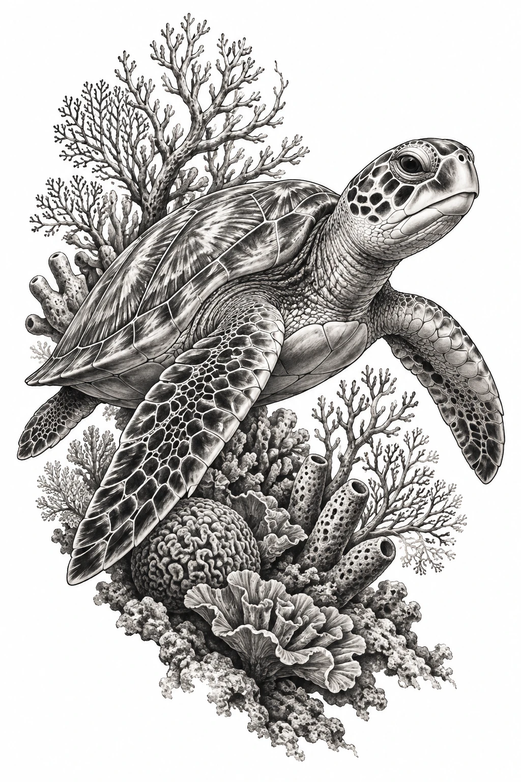 Desenho de tatuagem de Tartaruga marinha entre corais delicados, modelo NR-0941, em preto e cinza.