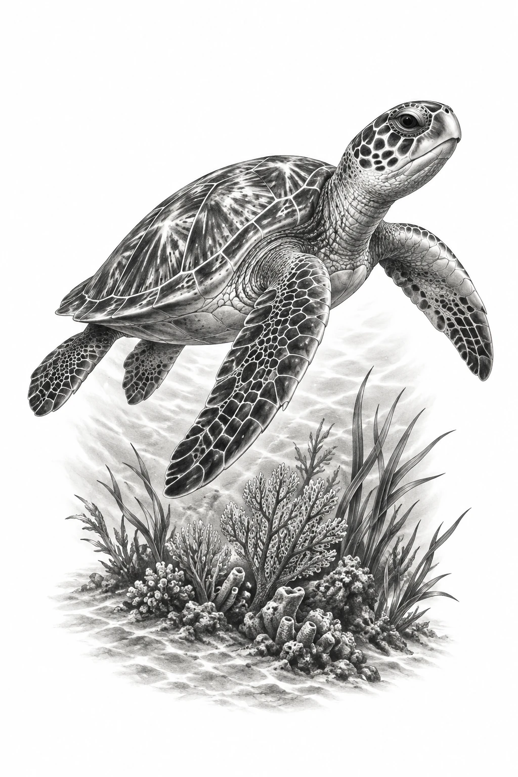 Desenho de tatuagem de Tartaruga marinha sobre corais e capim-marinho, modelo NR-0942, em preto e cinza.