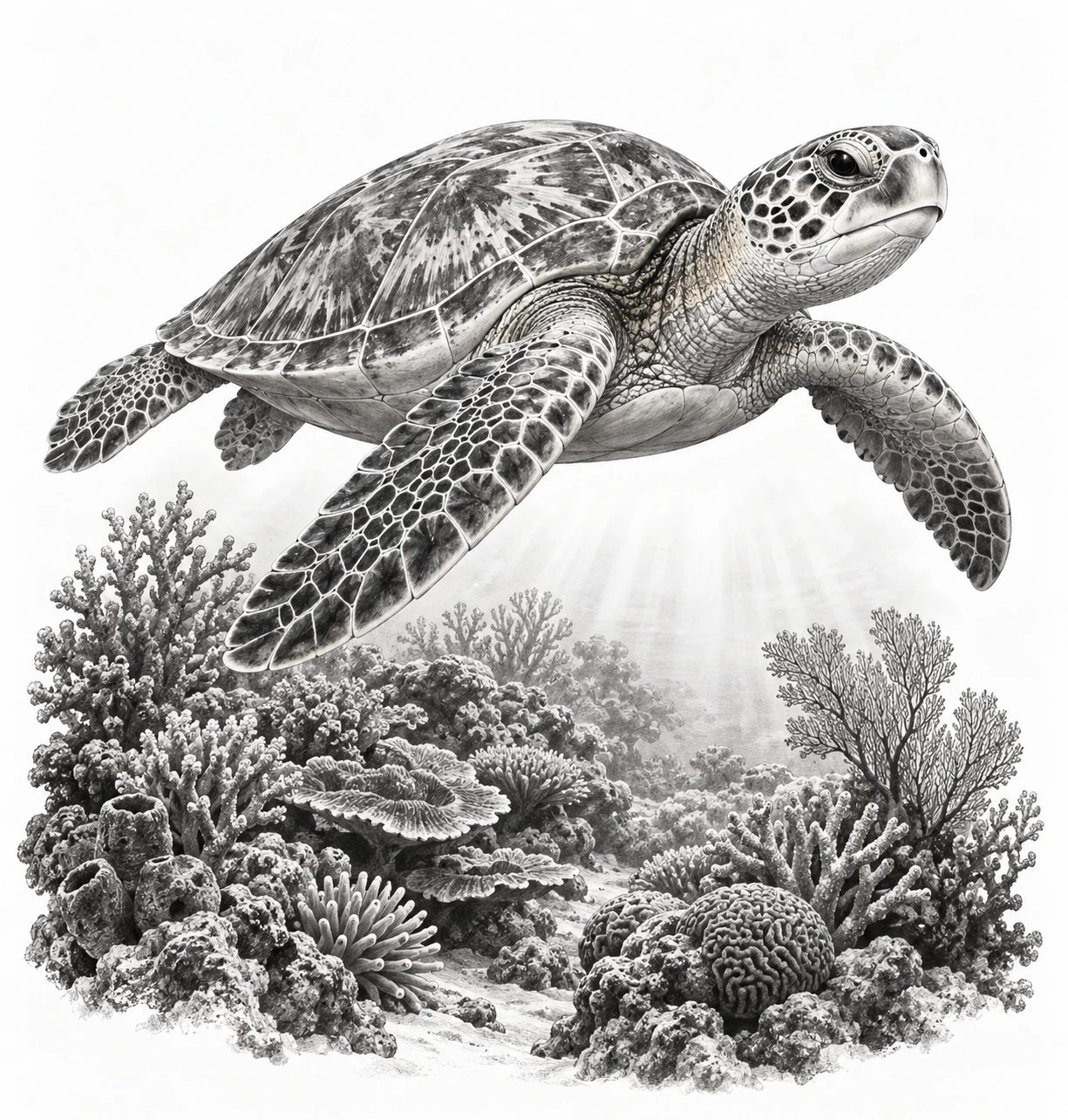 Desenho de tatuagem de Tartaruga marinha sobre recife de coral, modelo NR-0943, em preto e cinza.