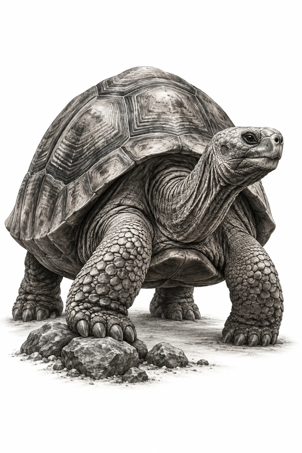 Desenho de tatuagem de Tartaruga-gigante de Galápagos sobre pedras, modelo NR-0944, em preto e cinza.
