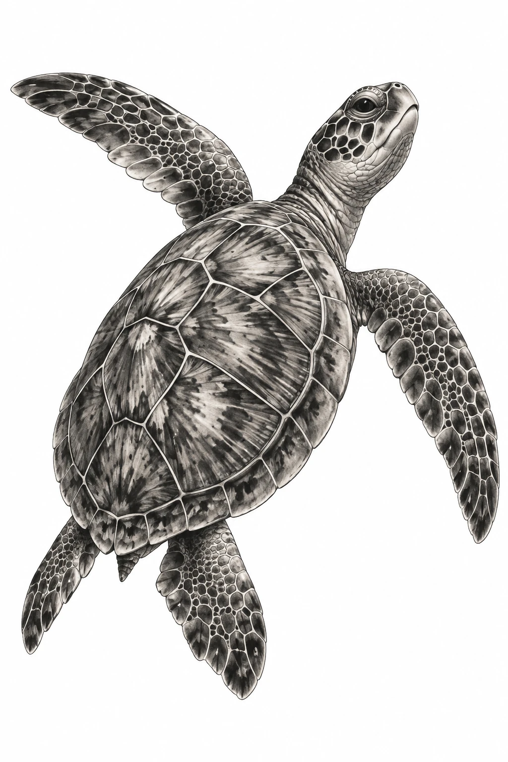Desenho de tatuagem de Tartaruga-marinha em nado ascendente, modelo NR-0945, em preto e cinza.