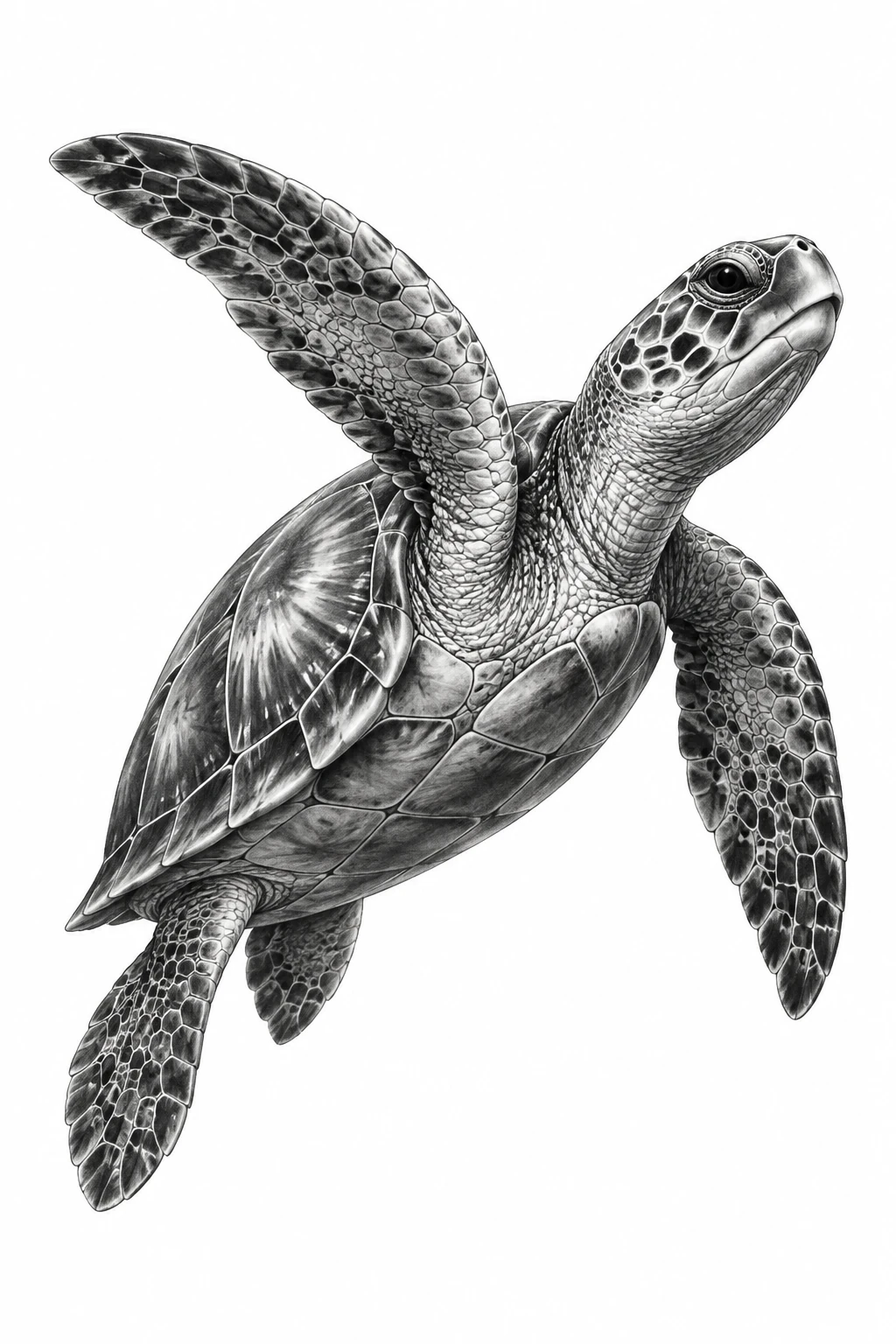 Desenho de tatuagem de Tartaruga-marinha em voo ascendente, modelo NR-0946, em preto e cinza.