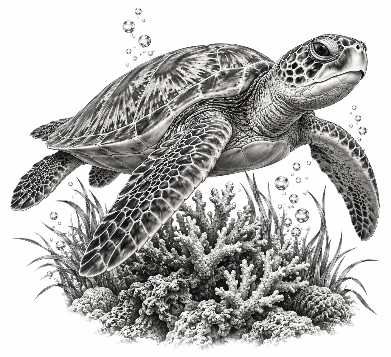 Desenho de tatuagem de Tartaruga-marinha entre corais ramificados, modelo NR-0947, em preto e cinza.