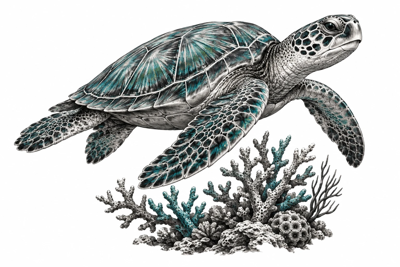 Desenho de tatuagem de Tartaruga-marinha nadando sobre corais, modelo NR-0948, em preto e cinza.