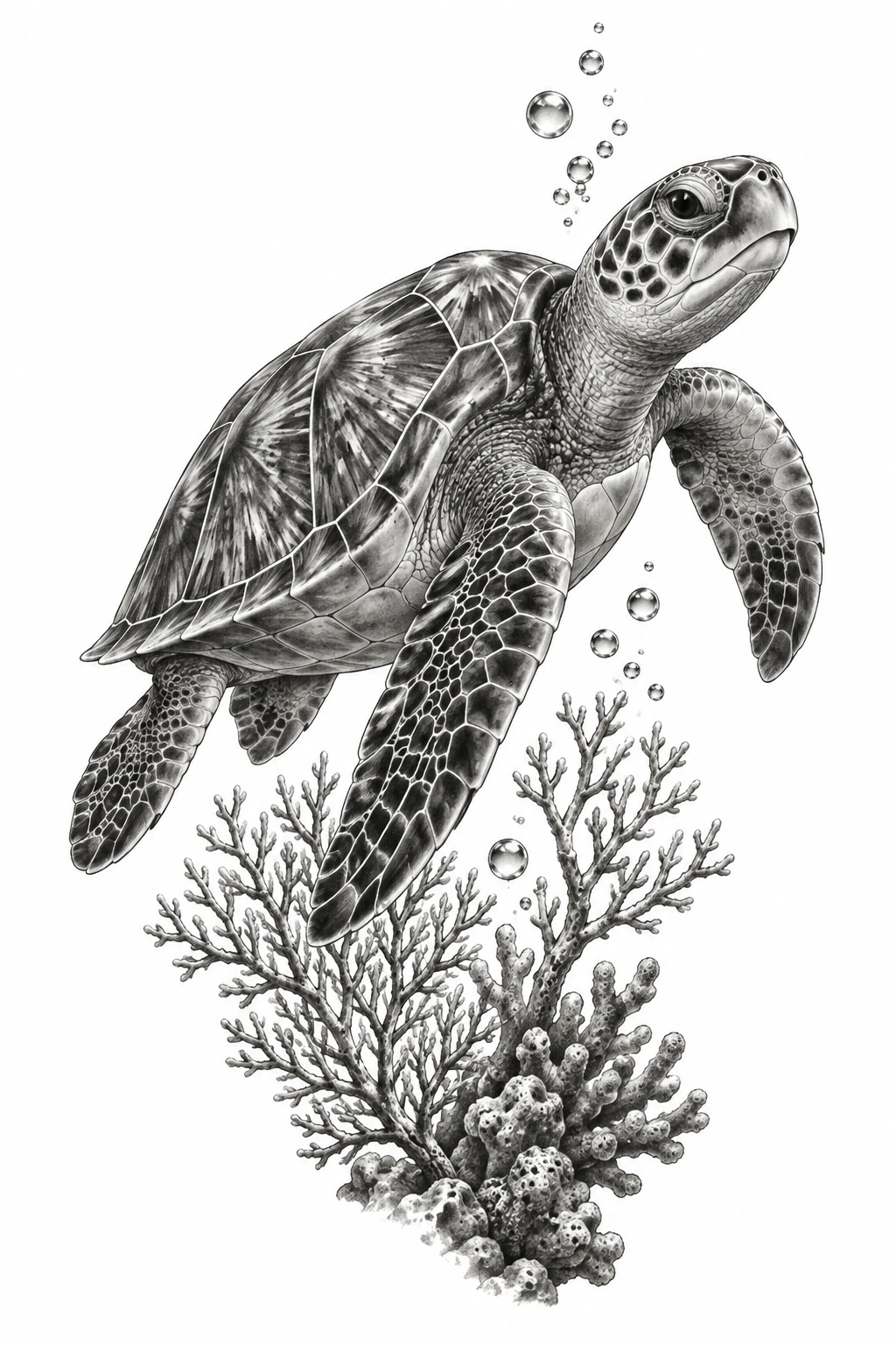 Desenho de tatuagem de Tartaruga-marinha sobre corais em preto e cinza, modelo NR-0949, em preto e cinza.