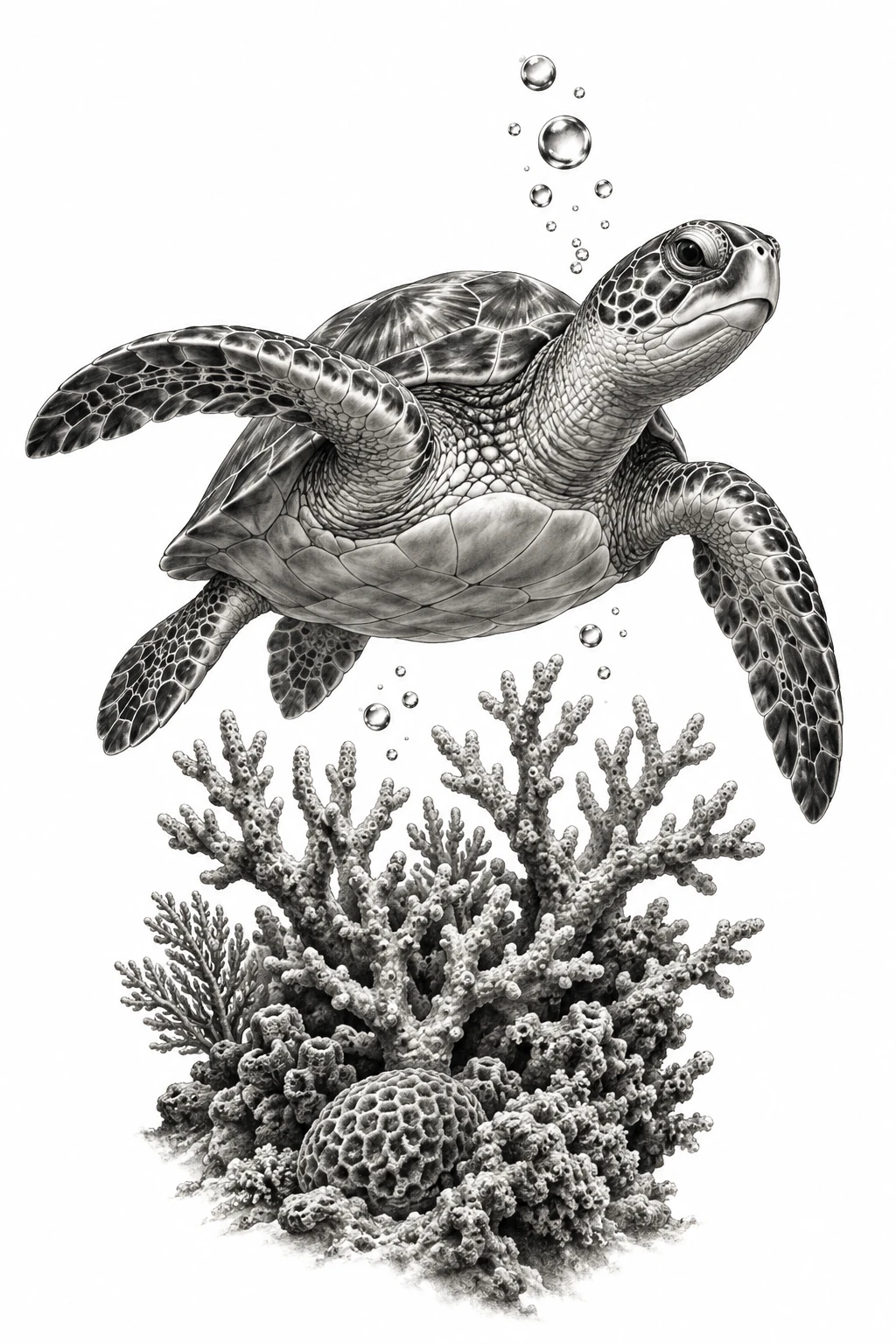 Desenho de tatuagem de Tartaruga-marinha sobre coral ramificado, modelo NR-0950, em preto e cinza.