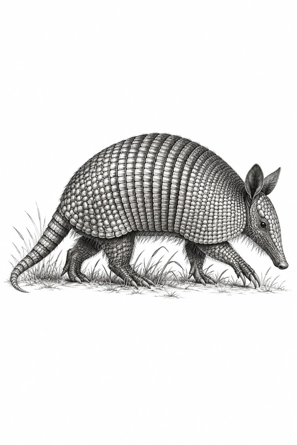 Desenho de tatuagem de Tatu de nove faixas entre gramíneas, modelo NR-0952, em preto e cinza.