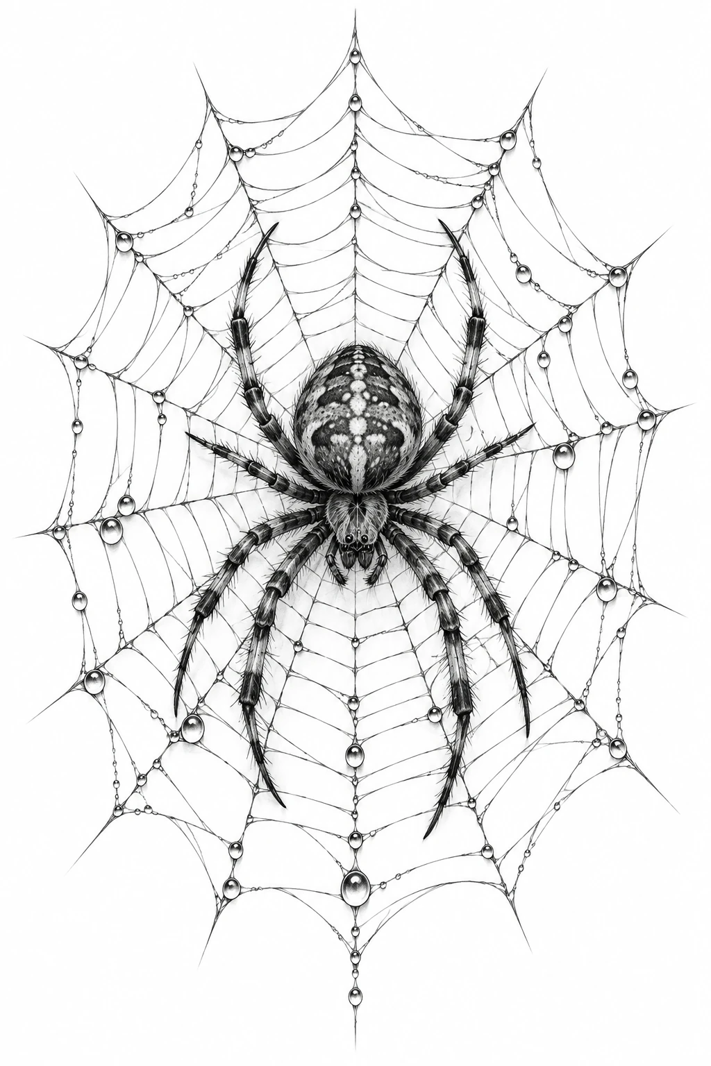 Desenho de tatuagem de Teia delicada, aranha e orvalho, modelo NR-0954, em preto e cinza.