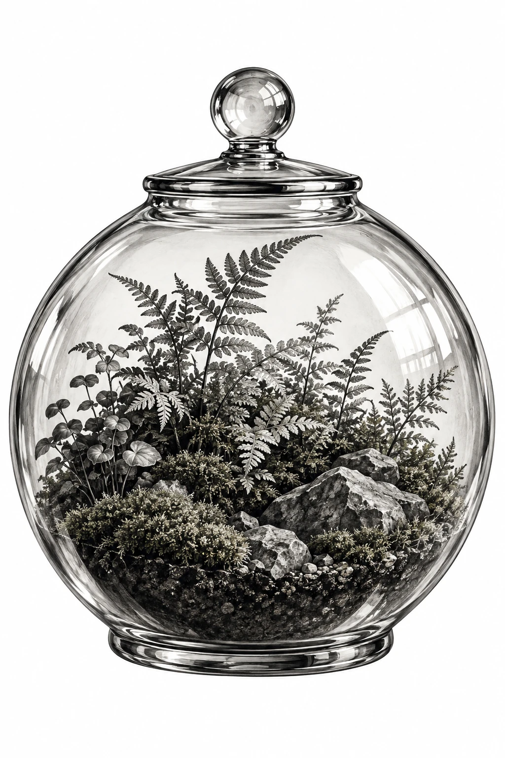 Desenho de tatuagem de Terrário de vidro com samambaias e musgo, modelo NR-0955, em preto e cinza.
