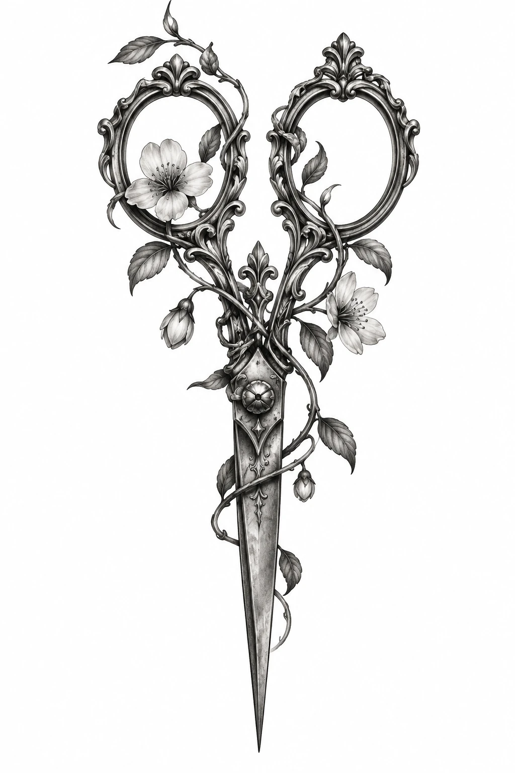 Desenho de tatuagem de Tesoura antiga com videira florida, modelo NR-0956, em preto e cinza.